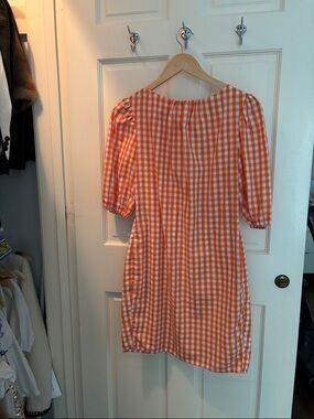 Orange Gingham Puff Sleeve Dress S